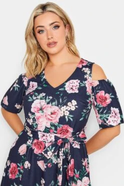 YOURS LONDON Curve Navy Blue Floral Cold Shoulder Skater Dress -Luna Looks Zone 22e55cb4 060c 42 162148 D