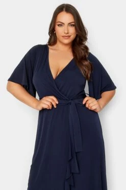 YOURS LONDON Curve Navy Blue Short Sleeve Ruffle Wrap Maxi Dress -Luna Looks Zone 232330f5 334a 43 162143 D