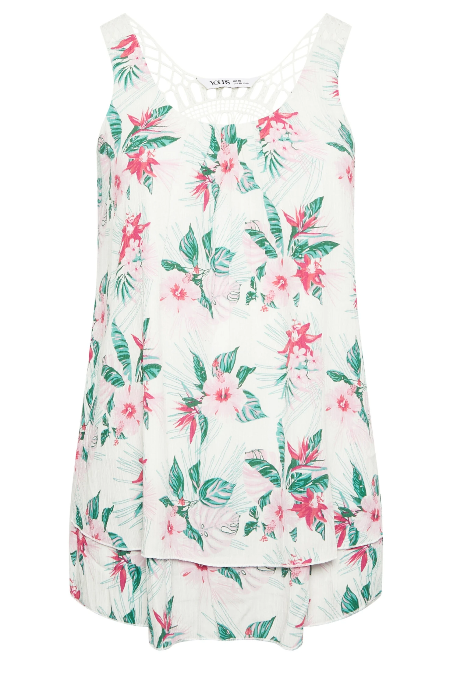 YOURS Curve White Tropical Print Crinkle Crochet Back Vest Top 4 YOURS Curve White Tropical Print Crinkle Crochet Back Vest Top - Image 4