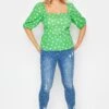 YOURS PETITE Curve Green Daisy Print Square Neck Top