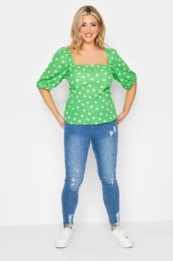YOURS PETITE Curve Green Daisy Print Square Neck Top