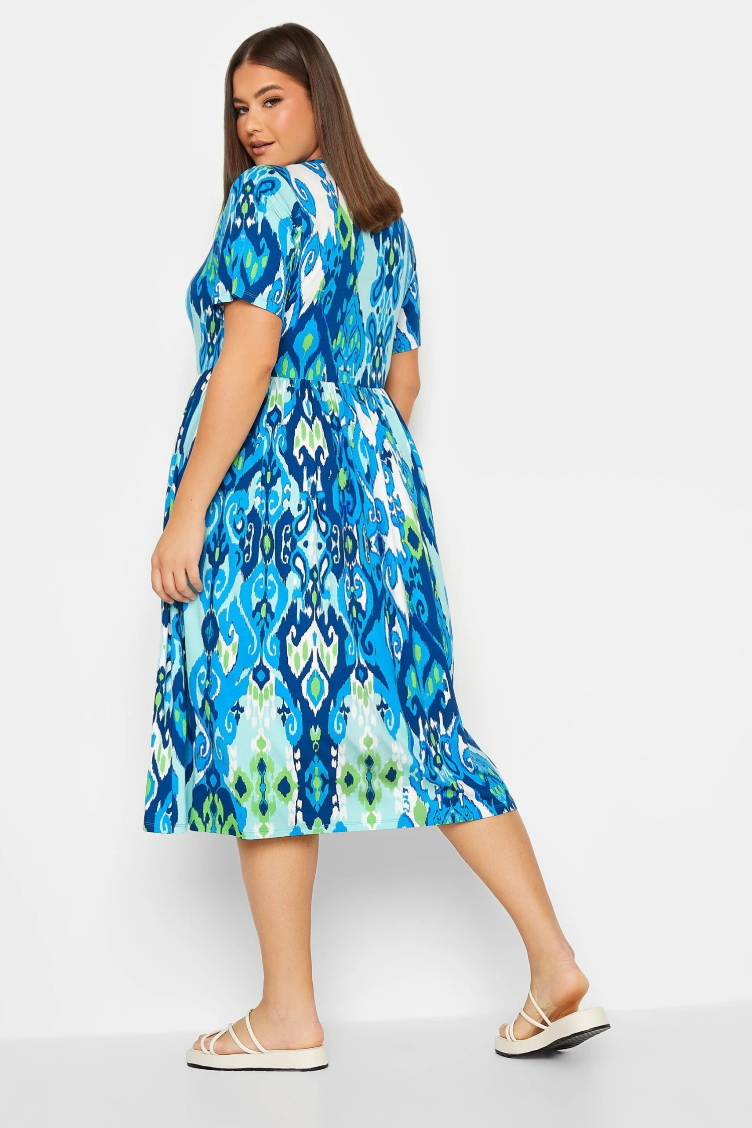 YOURS Curve Blue Abstract Print Frill Sleeve Smock Dress 3 YOURS Curve Blue Abstract Print Frill Sleeve Smock Dress - Image 3