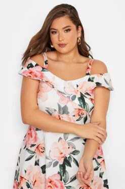 YOURS LONDON Curve White & Pink Floral Bardot Midi Dress -Luna Looks Zone 279bd88b 122c 45 162216 D