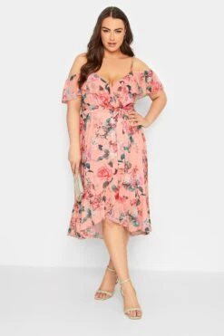 YOURS LONDON Curve Pink Cold Shoulder Floral Wrap Dress