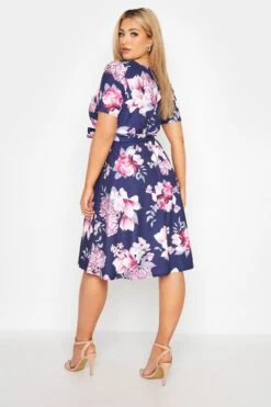 YOURS LONDON Curve Navy Blue Floral Print Midi Skater Dress