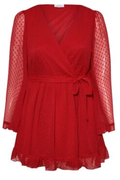 YOURS LONDON Curve Red Dobby Ruffle Wrap Top -Luna Looks Zone 2a10758c c90f 46 161918 XR