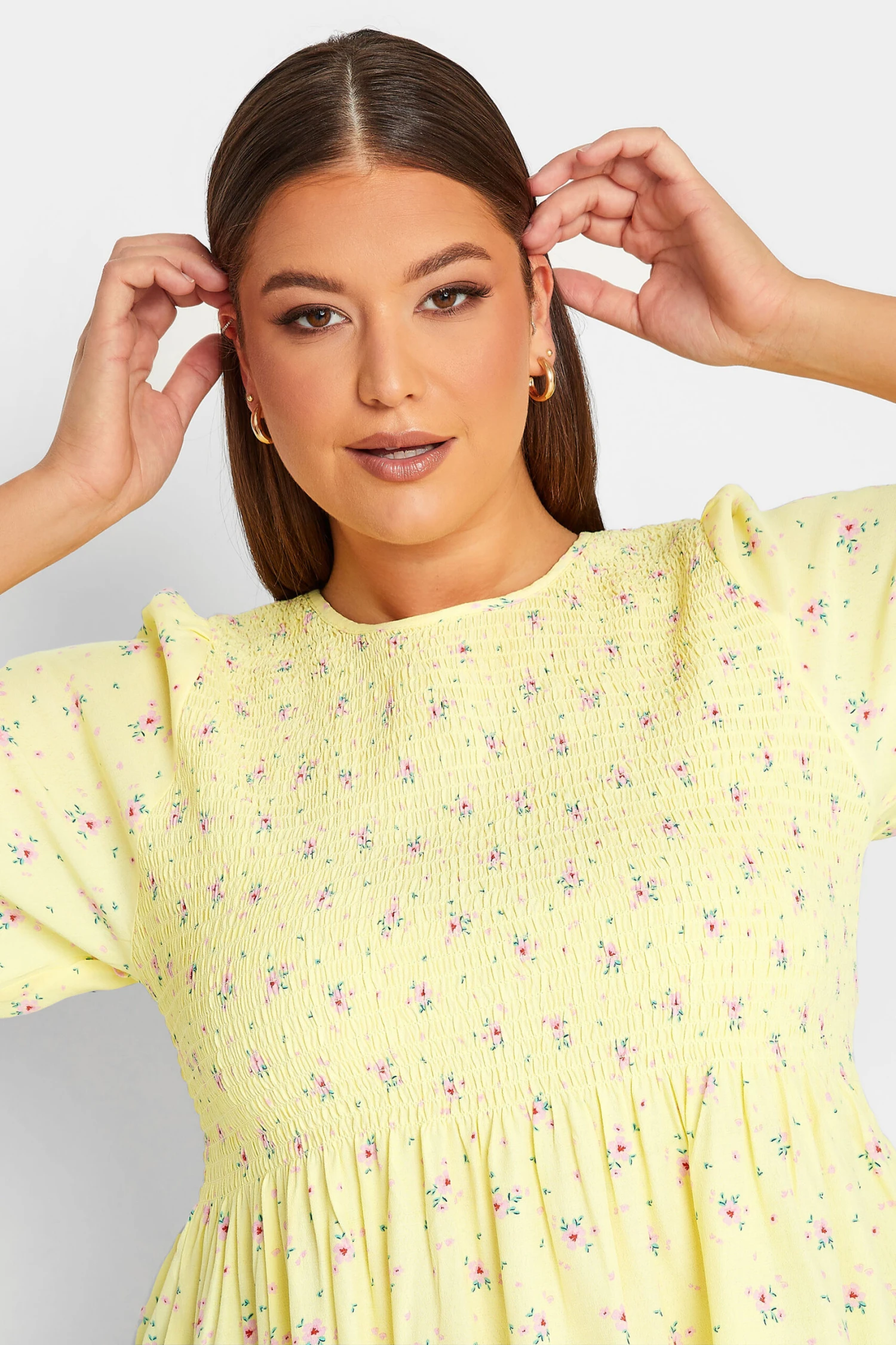 YOURS Curve Yellow Floral Print Shirred Top 3 YOURS Curve Yellow Floral Print Shirred Top - Image 3