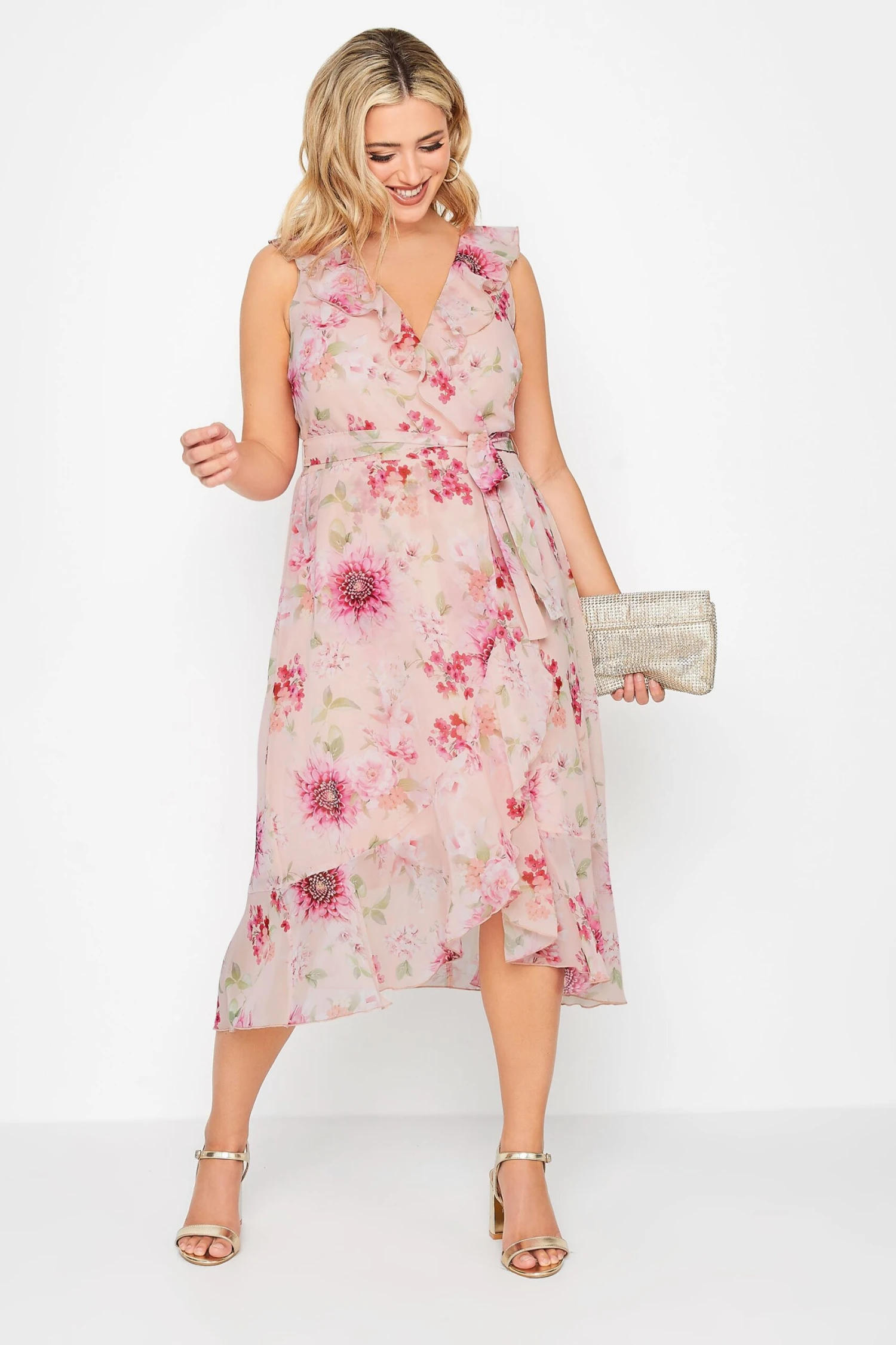 YOURS LONDON Curve Pink Floral Print Double Ruffle Wrap Dress 1 YOURS LONDON Curve Pink Floral Print Double Ruffle Wrap Dress