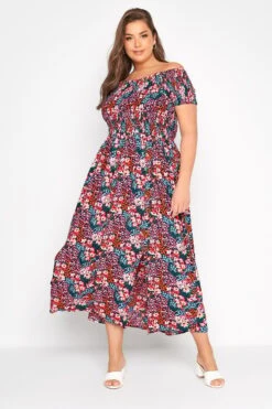 YOURS Curve Pink Floral Print Bardot Maxi Dress