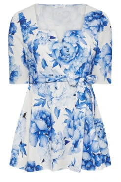 YOURS LONDON Curve White & Blue Floral Print Peplum Top -Luna Looks Zone 2f0c89da b3e4 45 162092 X