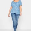 YOURS PETITE Curve Blue Daisy Print Ruched Front Top