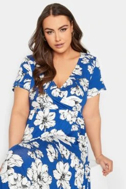 YOURS Curve Cobalt Blue Floral V-Neck Tiered Wrap Dress -Luna Looks Zone 2f2f142d 1ea0 47 301894 D