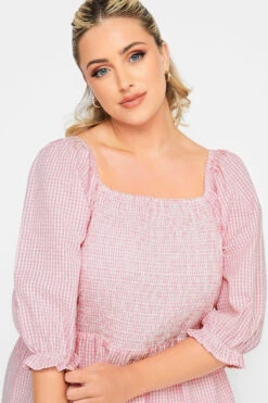 YOURS Curve Pink Gingham Print Square Neck Shirred Top -Luna Looks Zone 2f479ee9 c8a5 48 330072 D