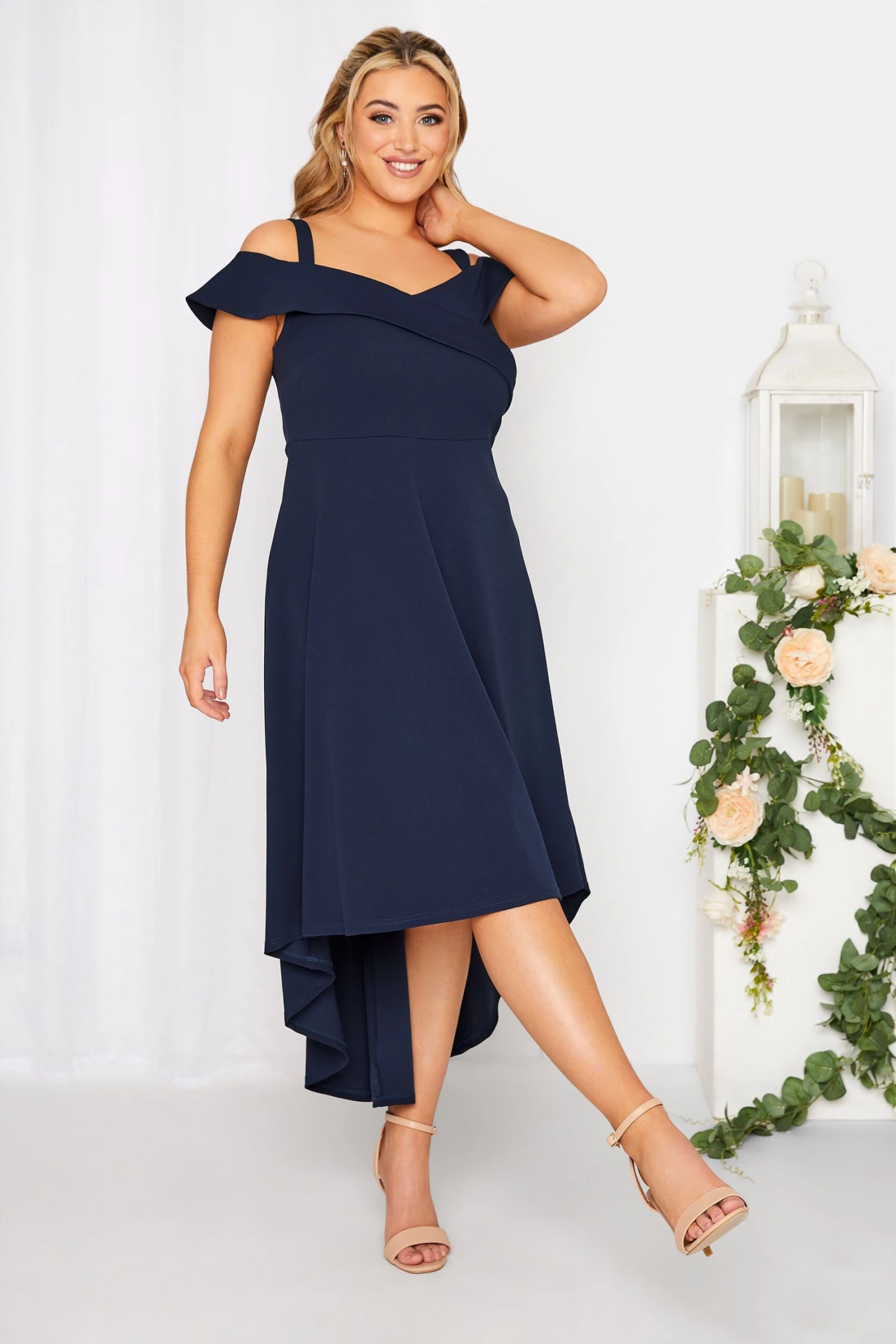 YOURS LONDON Curve Navy Blue Bardot High Low Midi Dress 1 YOURS LONDON Curve Navy Blue Bardot High Low Midi Dress