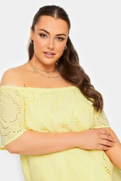 YOURS Curve Yellow Broderie Anglaise Bardot Dress -Luna Looks Zone 307f9c91 6873 42 137514 D