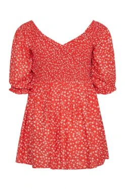 LIMITED COLLECTION Curve Red Daisy Shirred Bardot Peplum Blouse -Luna Looks Zone 3116b1a7 0673 4e 214425 Y