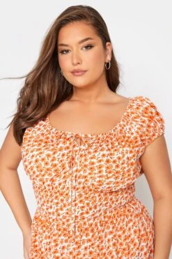 Curve Orange Floral Print Bardot Maxi Dress -Luna Looks Zone 315b664a ea61 42 137101 D