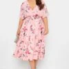 YOURS LONDON Curve Pink Angel Sleeve Floral Shirred Dress
