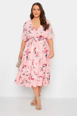 YOURS LONDON Curve Pink Angel Sleeve Floral Shirred Dress