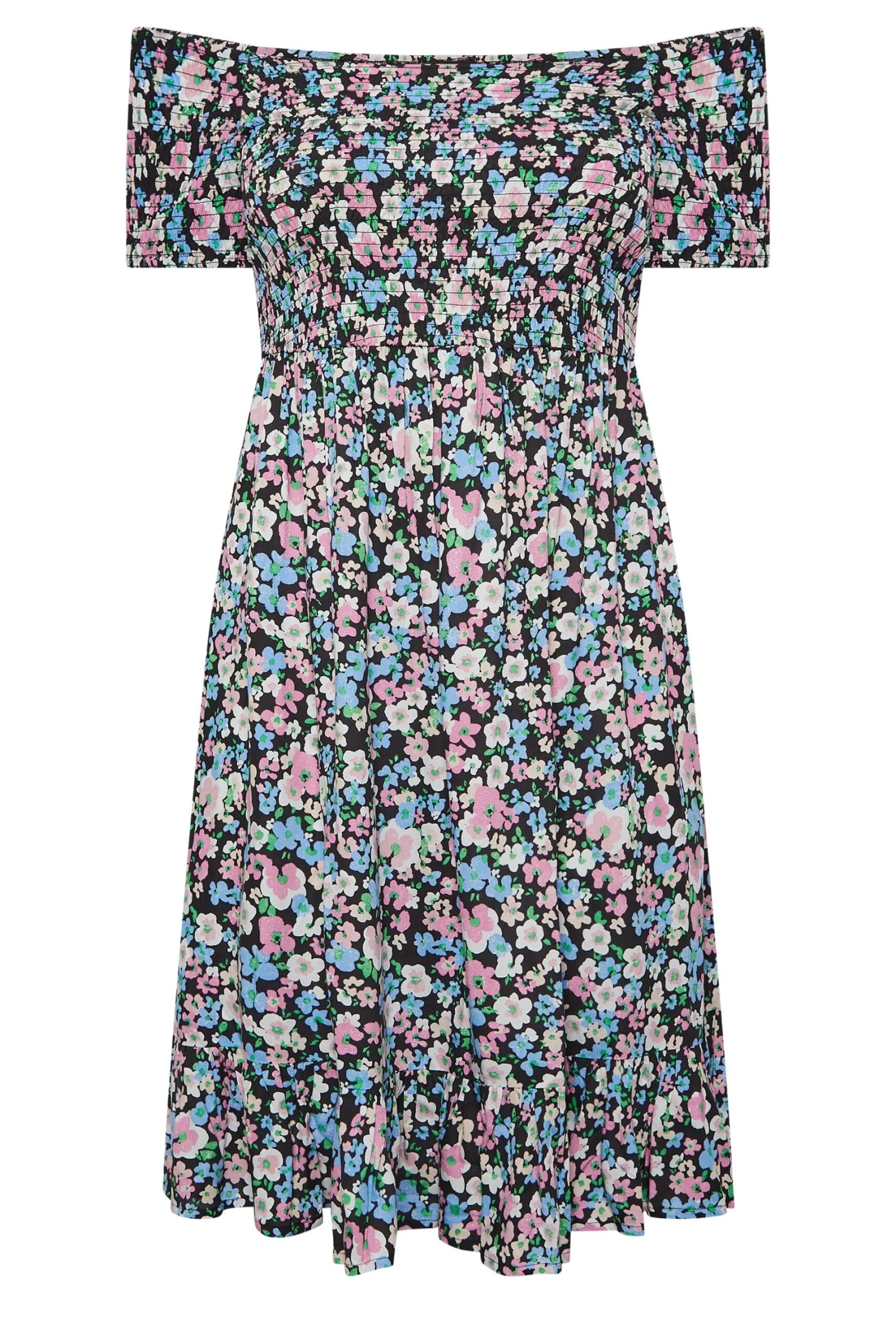 YOURS Curve Black Floral Ditsy Shirred Midi Dress 5 YOURS Curve Black Floral Ditsy Shirred Midi Dress - Image 5