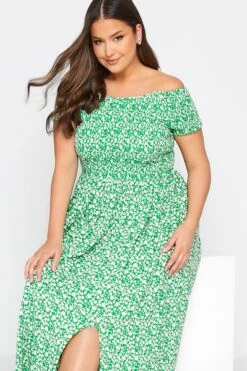 YOURS Curve Green Floral Shirred Bardot Maxi Dress 8 YOURS Curve Green Floral Shirred Bardot Maxi Dress -Luna Looks Zone 345a3752 8269 4f 137099 D