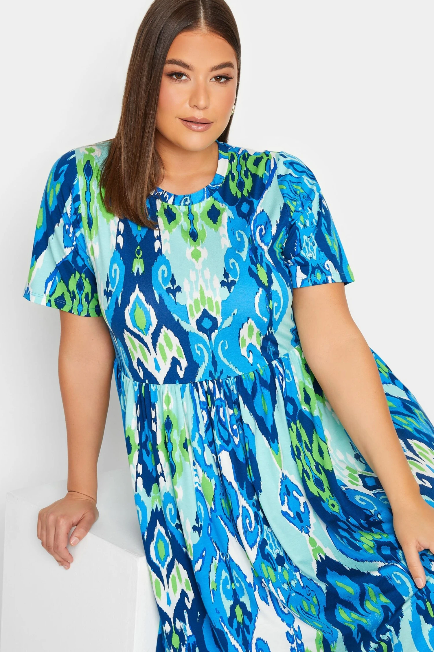 YOURS Curve Blue Abstract Print Frill Sleeve Smock Dress 4 YOURS Curve Blue Abstract Print Frill Sleeve Smock Dress - Image 4