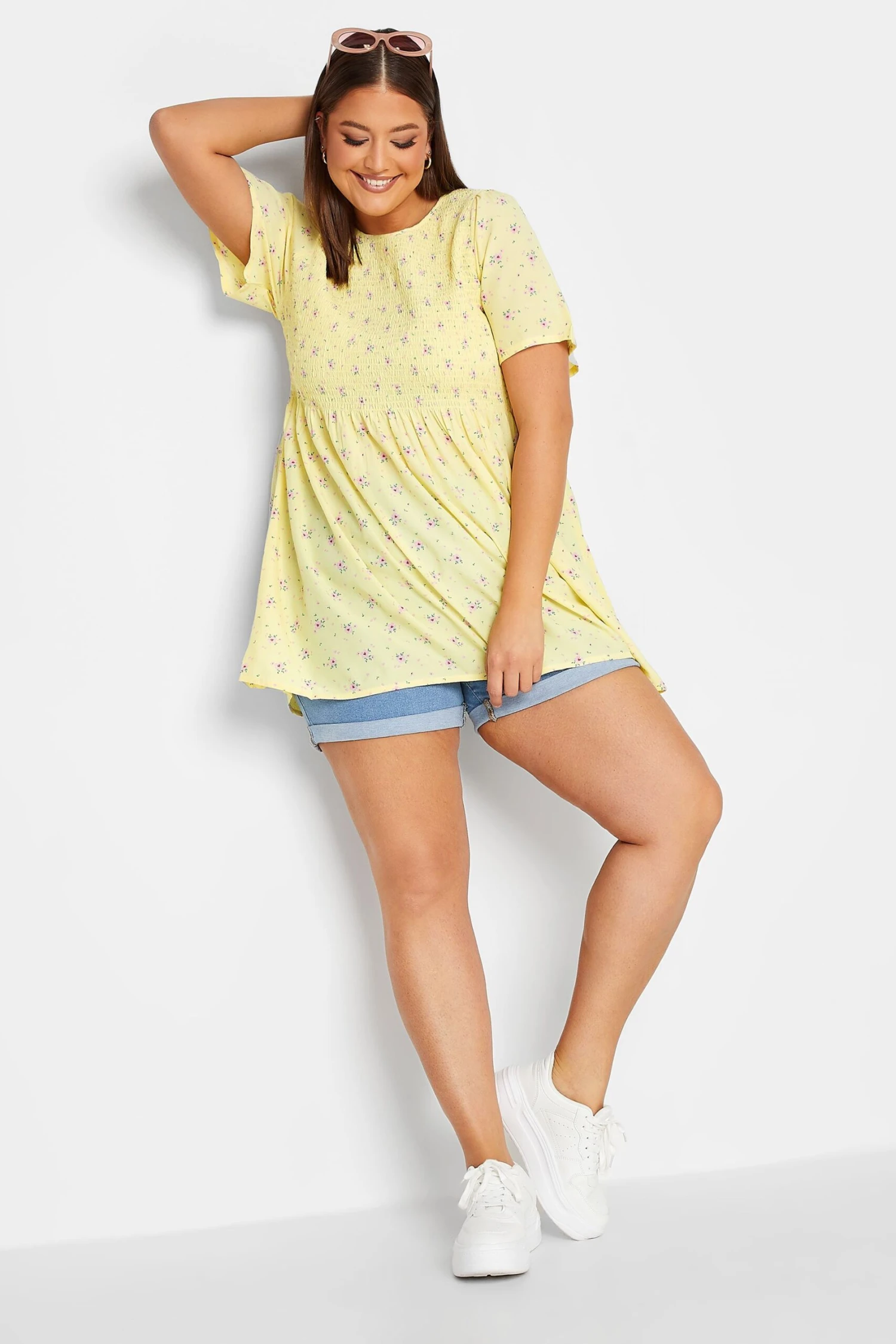 YOURS Curve Yellow Floral Print Shirred Top 1 YOURS Curve Yellow Floral Print Shirred Top