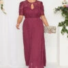 YOURS LONDON Curve Burgundy Red Lace Puff Sleeve Pleated Maxi Dress