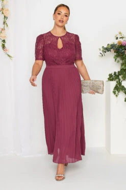 YOURS LONDON Curve Burgundy Red Lace Puff Sleeve Pleated Maxi Dress