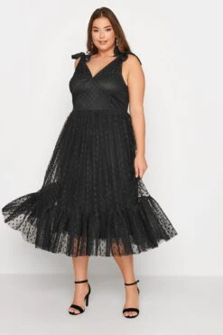 YOURS LONDON Curve Black Spot Mesh Tiered Dress