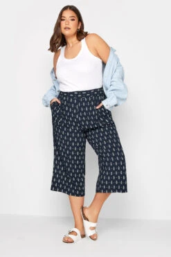 YOURS Curve Navy Blue Paisley Print Cropped Trousers