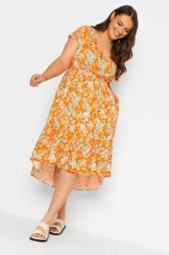 YOURS Curve Orange Floral Print High Low Wrap Dress