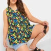 YOURS Curve Black & Yellow Floral Print Pleat Front Vest Top