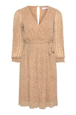 YOURS LONDON Curve Beige Brown Spot Print Pleated Wrap Dress -Luna Looks Zone 3aac8d24 2817 49 161192 X