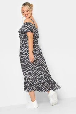 LIMITED COLLECTION Curve Navy Blue Daisy Print Cold Shoulder Dress -Luna Looks Zone 3caaf1c2 c688 4b 215642 C