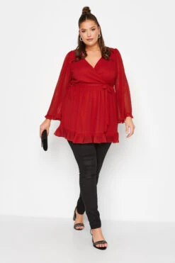 YOURS LONDON Curve Red Dobby Ruffle Wrap Top