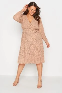 YOURS LONDON Curve Beige Brown Spot Print Pleated Wrap Dress