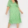 YOURS Curve Green Daisy Print Frill Sleeve Wrap Dress