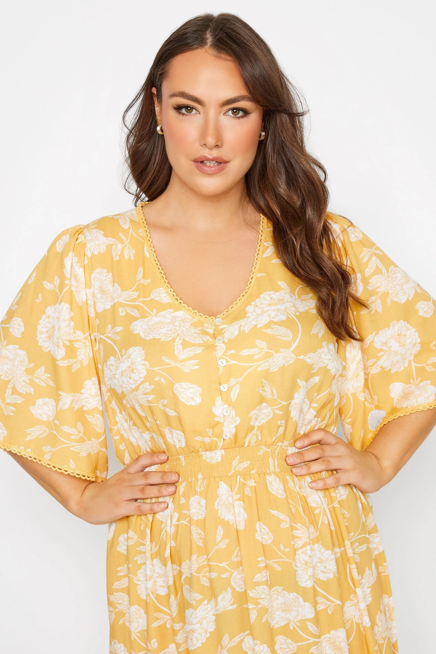 YOURS Curve Yellow Floral Print High Low Midi Dress 3 YOURS Curve Yellow Floral Print High Low Midi Dress - Image 3