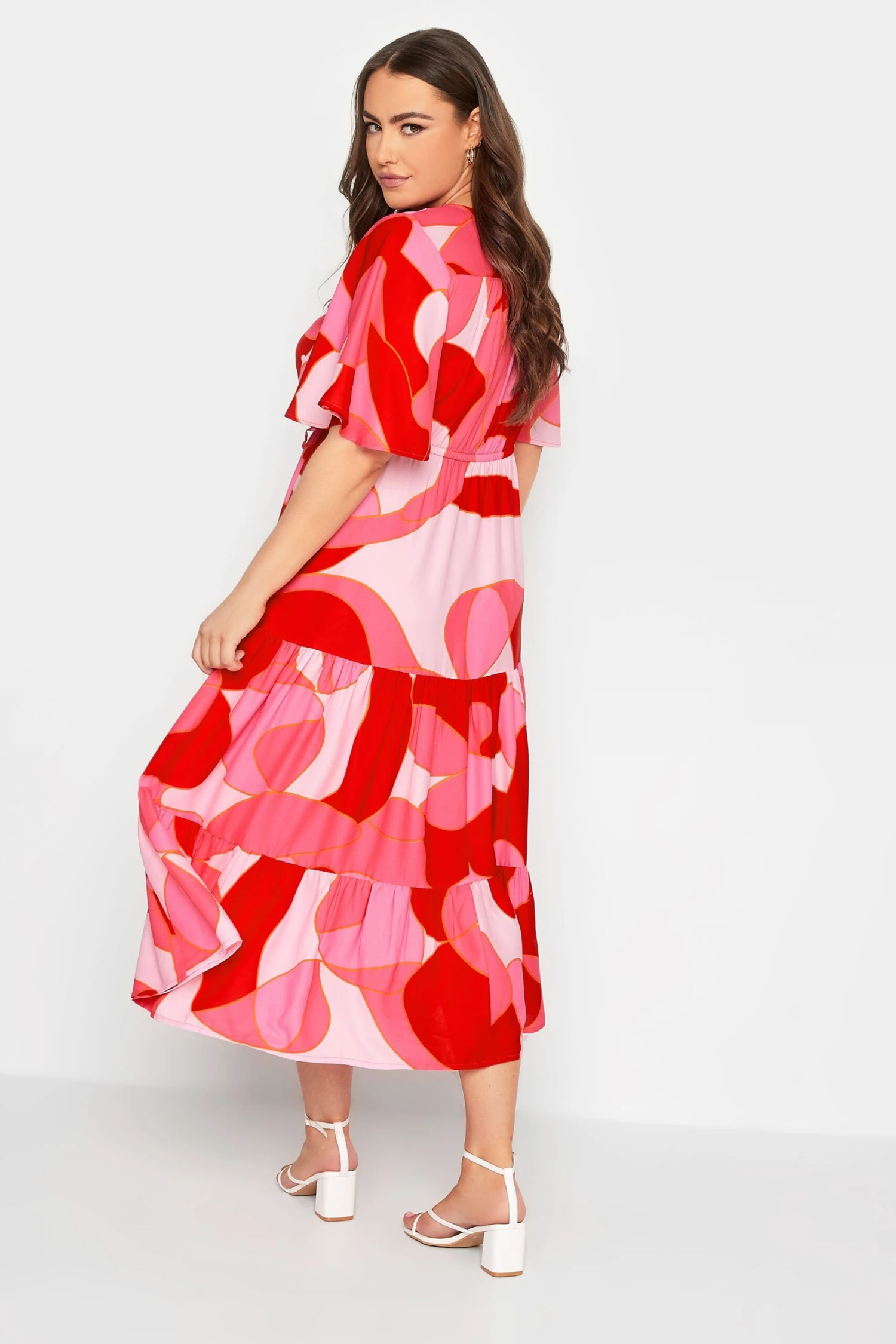 YOURS Curve Pink Abstract Print Tiered Dress 2 YOURS Curve Pink Abstract Print Tiered Dress - Image 2