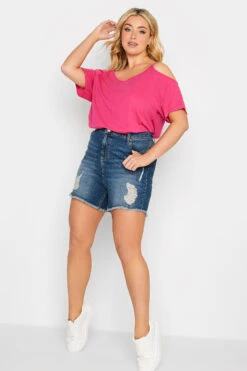 YOURS Curve Mid Blue Ripped Denim Shorts