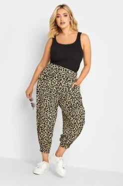 YOURS Curve Beige Brown Animal Print Cropped Harem Trousers