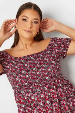 YOURS Curve Pink Floral Shirred Bardot Mini Dress -Luna Looks Zone 42d3d9e4 ca06 4a 137465 D