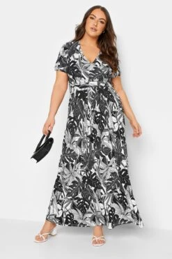 YOURS Curve Black & White Floral Leaf Print Front Tie Maxi Dress