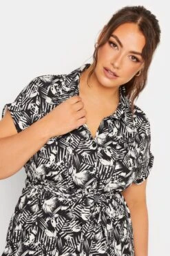 YOURS Curve Black & White Leaf Print Spilt Hem Midaxi Shirt Dress -Luna Looks Zone 45244837 76a1 44 302078 D