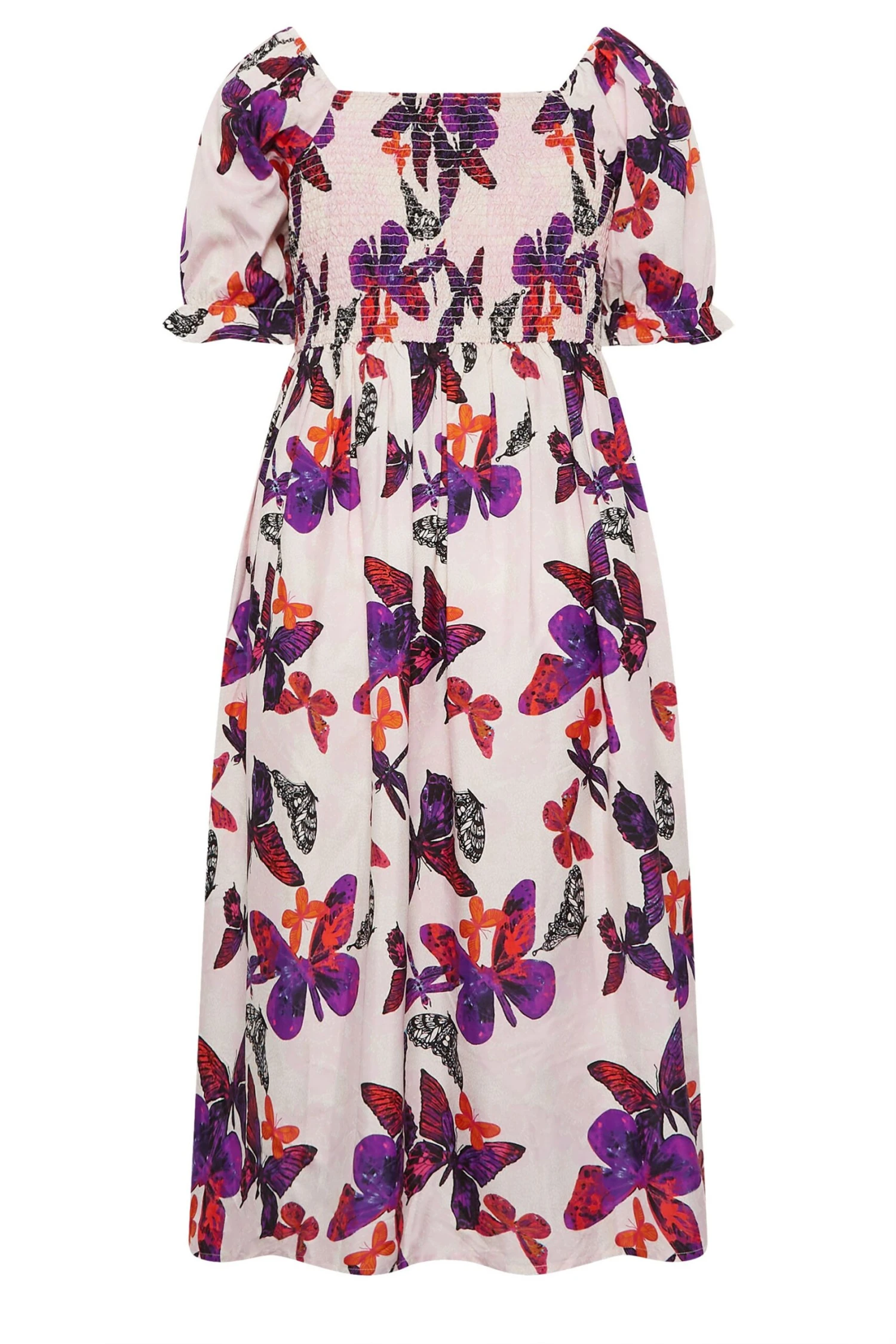 YOURS Curve Light Pink Butterfly Print Shirred Midaxi Dress 6 YOURS Curve Light Pink Butterfly Print Shirred Midaxi Dress - Image 6