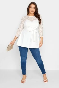 YOURS LONDON Curve White Lace Sweetheart Peplum Top