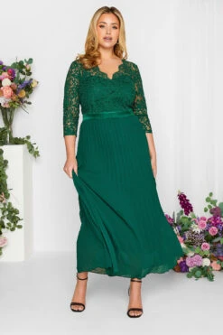 YOURS LONDON Curve Forest Green Lace Pleated Maxi Dress