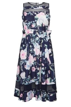 YOURS LONDON Curve Navy Blue & Pink Floral Mesh Panel Skater Dress -Luna Looks Zone 47289e49 878b 44 162041 X