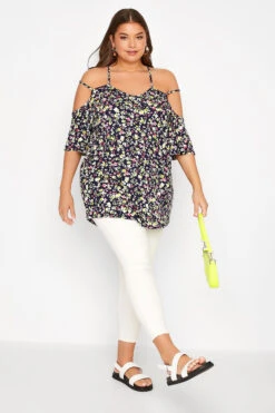 YOURS Curve Black Floral Strappy Cold Shoulder Top